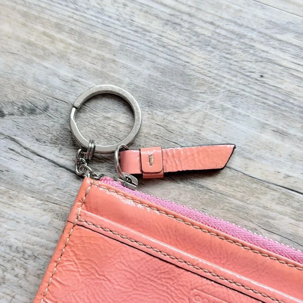 Coach Wallet Patent Leather Skinny Card Case Zip Keychain Coral Pink Coin Pouch